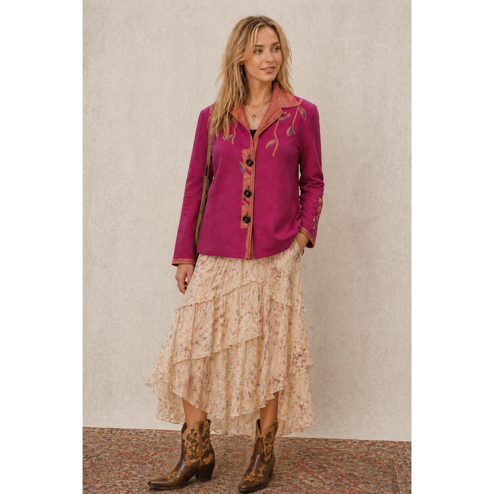 Joyce Fogle Jacket Women M/L Magenta Pink Embroidered Leaf Art To Wear Wool Silk